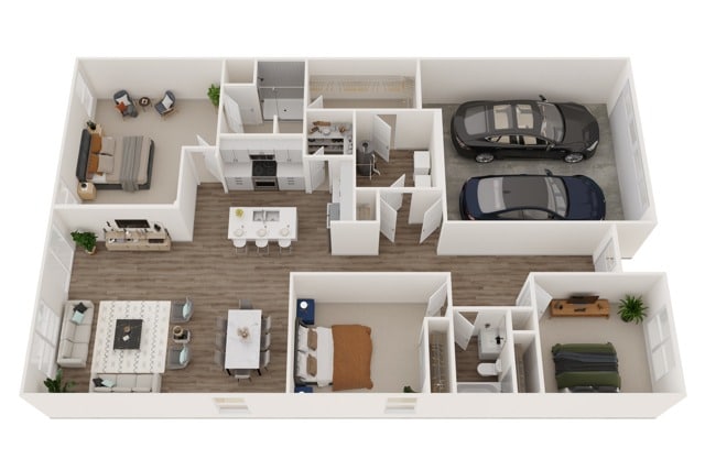 A 3D image of the Alan floorplan, a 1673 squarefoot, 3 bed / 2 bath unit