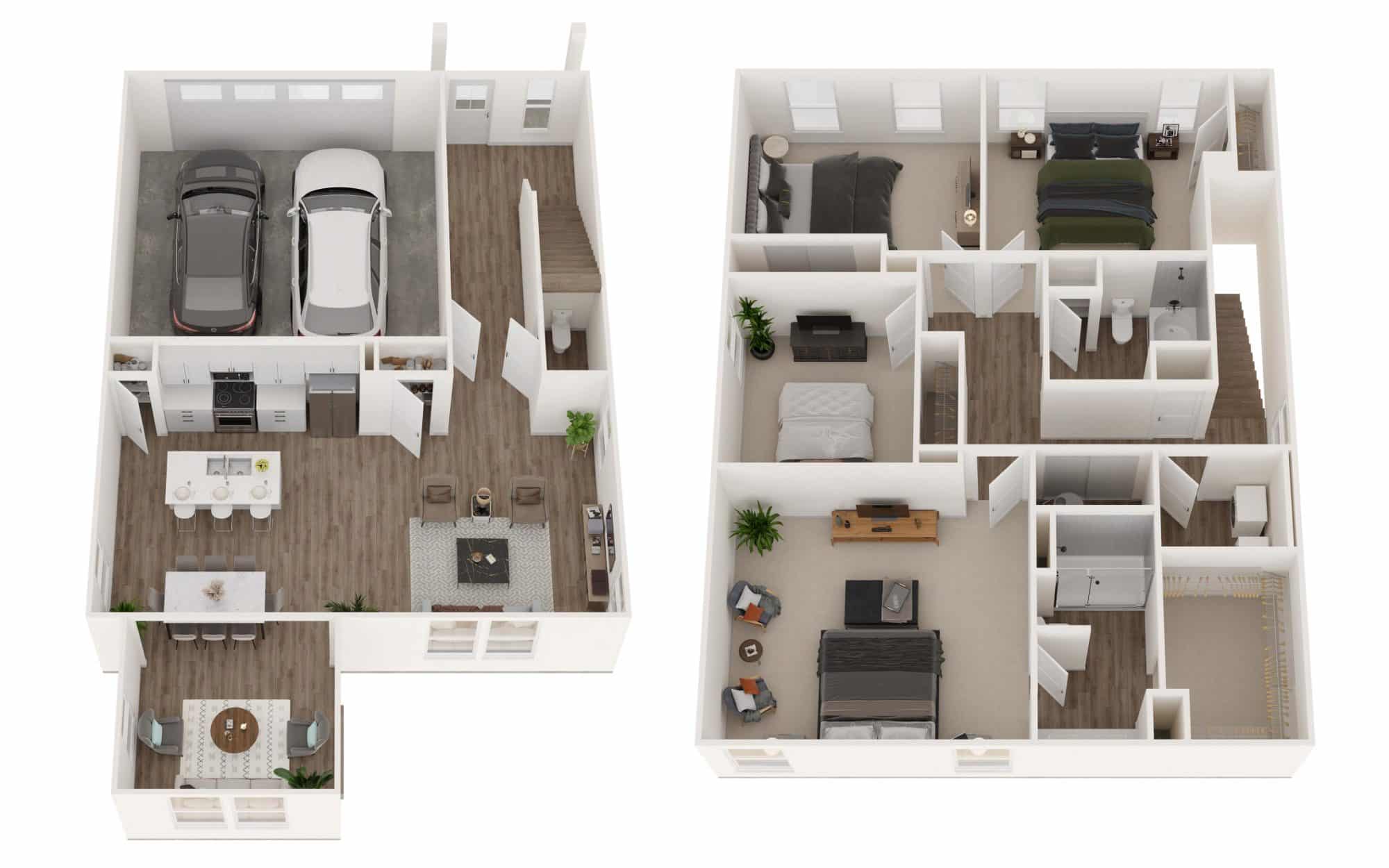 A 3D image of the Aspen floorplan, a 1948 squarefoot, 4 bed / 2.5 bath unit